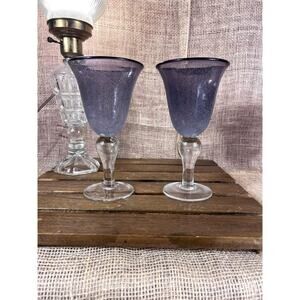 Set of 4 Hand Blown Dark Purple Amethyst Clear Stem~Bulbous Stems